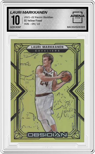 Lauri Markkanen from the 2021-22 Panini Obsidian set featuring a Electric Etch Yellow Flood parallel graded by Arena Club and given an overall grade of 10.