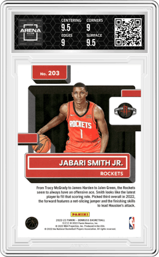 Jabari Smith Jr. from the 2022-23 Panini Donruss set featuring a Choice parallel graded by Arena Club and given an overall grade of 9.5.