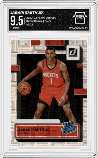 Jabari Smith Jr. from the 2022-23 Panini Donruss set featuring a Choice parallel graded by Arena Club and given an overall grade of 9.5.