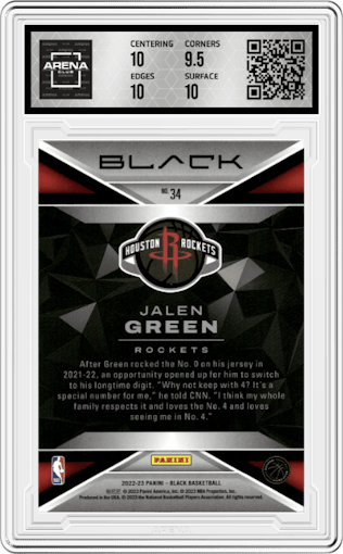 Jalen Green from the 2022-23 Panini Black set featuring a Silver parallel graded by Arena Club and given an overall grade of 10.