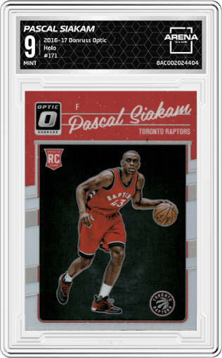 Pascal Siakam from the 2016-17 Panini Donruss Optic set featuring a Holo parallel graded by Arena Club and given an overall grade of 9.