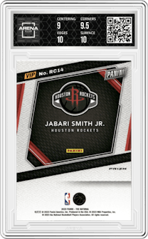 Jabari Smith Jr. from the 2023 Panini The National VIP set featuring a Prizm parallel graded by Arena Club and given an overall grade of 9.5.