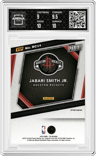 Jabari Smith Jr. from the 2023 Panini The National VIP set featuring a Prizm parallel graded by Arena Club and given an overall grade of 9.5.