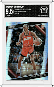 Jabari Smith Jr. from the 2023 Panini The National VIP set featuring a Prizm parallel graded by Arena Club and given an overall grade of 9.5.