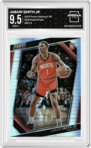 Jabari Smith Jr. from the 2023 Panini The National VIP set featuring a Prizm parallel graded by Arena Club and given an overall grade of 9.5.