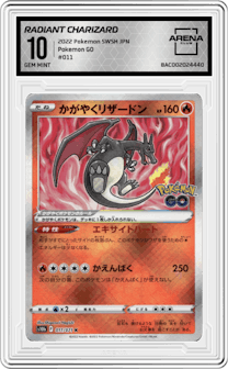 Radiant Charizard from the 2022 Pokemon SWSH JPN set graded by Arena Club and given an overall grade of 10.