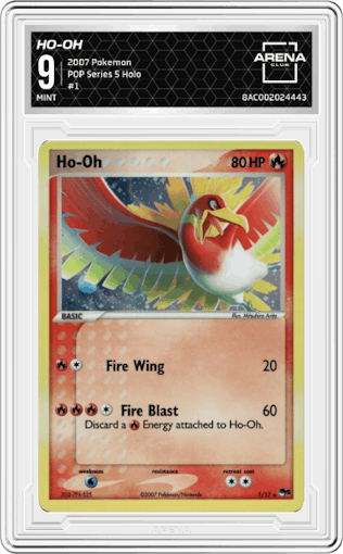 Ho-Oh from the 2007 Pokemon set graded by Arena Club and given an overall grade of 9.