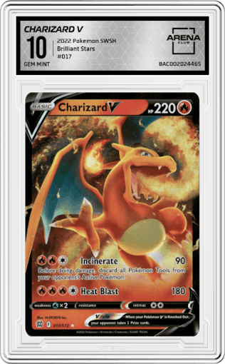 Charizard V  from the 2022 Pokemon SWSH set graded by Arena Club and given an overall grade of 10.