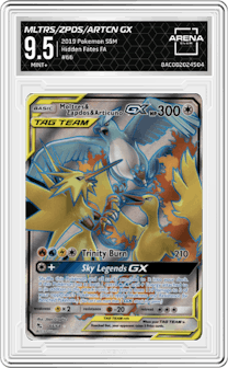 Moltres & Zapdos & Articuno GX from the 2019 Pokemon S&M  set graded by Arena Club and given an overall grade of 9.5.