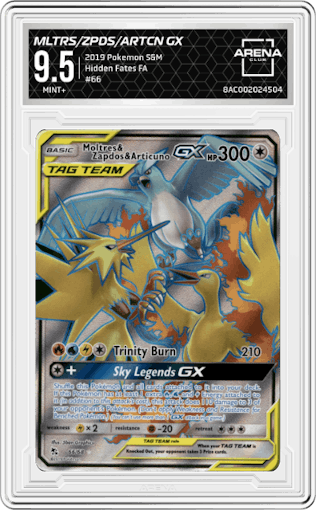 Moltres & Zapdos & Articuno GX from the 2019 Pokemon S&M  set graded by Arena Club and given an overall grade of 9.5.