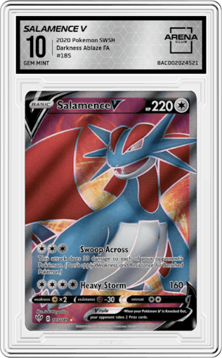 Salamence V from the 2020 Pokemon SWSH set graded by Arena Club and given an overall grade of 10.