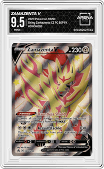 Zamazenta V from the 2023 Pokemon SWSH set featuring a Shiny Zamazenta Crown Zenith Premium Collection
 parallel graded by Arena Club and given an overall grade of 9.5.