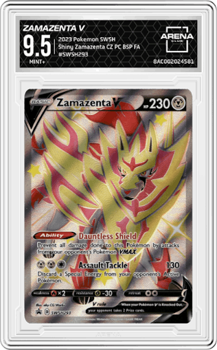 Zamazenta V from the 2023 Pokemon SWSH set featuring a Shiny Zamazenta Crown Zenith Premium Collection
 parallel graded by Arena Club and given an overall grade of 9.5.