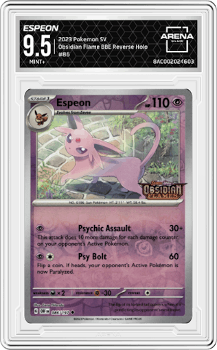 Espeon from the 2023 Pokemon SV set featuring a Best Buy Exclusive parallel graded by Arena Club and given an overall grade of 9.5.