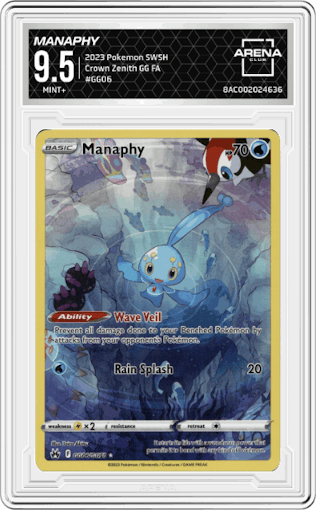 Manaphy from the 2023 Pokemon SWSH set graded by Arena Club and given an overall grade of 9.5.