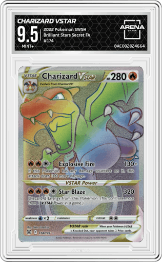 Charizard VSTAR from the 2022 Pokemon SWSH set graded by Arena Club and given an overall grade of 9.5.
