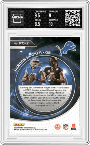 Hendon Hooker from the 2023 Panini Prizm set graded by Arena Club and given an overall grade of 9.