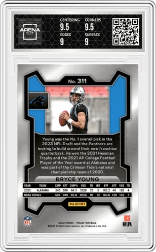 Bryce Young from the 2023 Panini Prizm set graded by Arena Club and given an overall grade of 9.5.