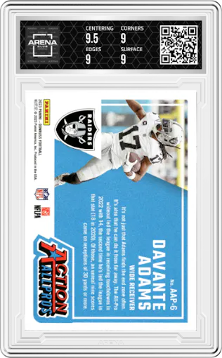 Davante Adams from the 2023 Panini Donruss set graded by Arena Club and given an overall grade of 9.