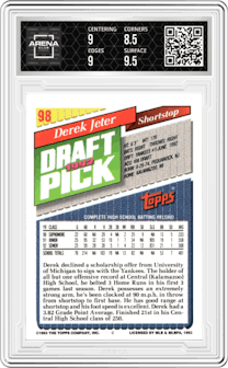 Derek Jeter from the 1993 Topps set graded by Arena Club and given an overall grade of 9.
