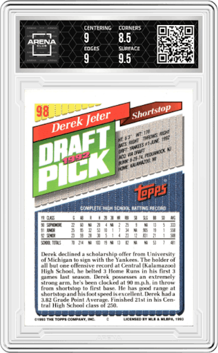 Derek Jeter from the 1993 Topps set graded by Arena Club and given an overall grade of 9.