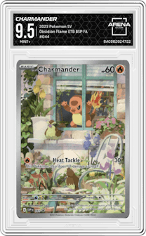 Charmander from the 2023 Pokemon SV set featuring a Obsidian Flame Elite Trainer Box parallel graded by Arena Club and given an overall grade of 9.5.