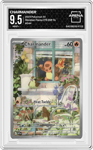 Charmander from the 2023 Pokemon SV set featuring a Obsidian Flame Elite Trainer Box parallel graded by Arena Club and given an overall grade of 9.5.