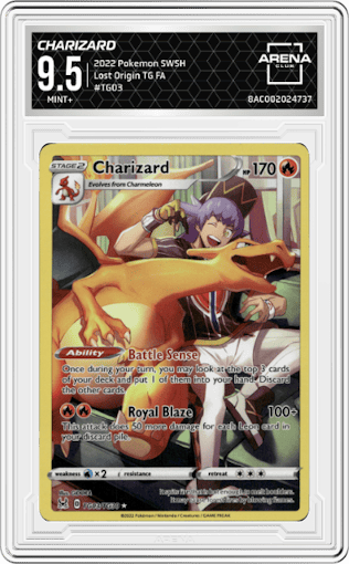 Charizard from the 2022 Pokemon SWSH set graded by Arena Club and given an overall grade of 9.5.