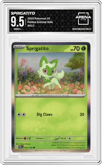 Sprigatito from the 2023 Pokemon SV set graded by Arena Club and given an overall grade of 9.5.