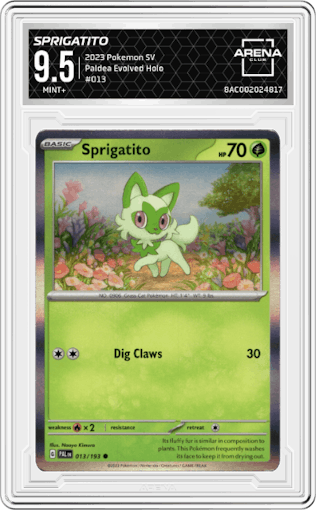 Sprigatito from the 2023 Pokemon SV set graded by Arena Club and given an overall grade of 9.5.
