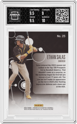 Ethan Salas from the 2023 Panini Chronicles set graded by Arena Club and given an overall grade of 9.5.