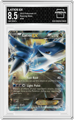 Latios EX from the 2015 Pokemon XY set graded by Arena Club and given an overall grade of 8.5.