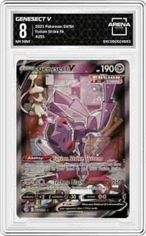 Genesect V from the 2021 Pokemon SWSH set graded by Arena Club and given an overall grade of 8.