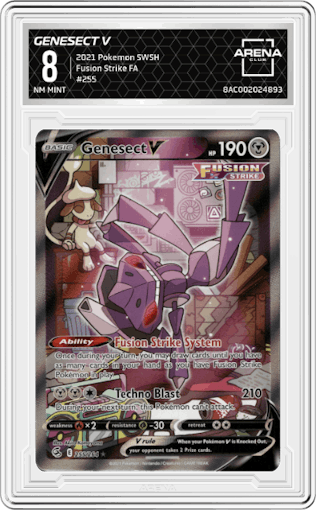 Genesect V from the 2021 Pokemon SWSH set graded by Arena Club and given an overall grade of 8.