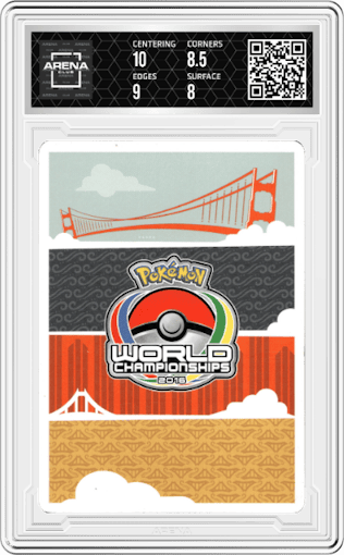 Shaymin EX from the 2016 Pokémon World Championships set featuring a Bebe Deck parallel graded by Arena Club and given an overall grade of 8.5.