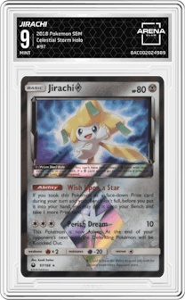 Jirachi from the 2018 Pokemon S&M  set graded by Arena Club and given an overall grade of 9.
