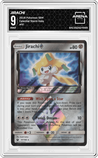 Jirachi from the 2018 Pokemon S&M  set graded by Arena Club and given an overall grade of 9.