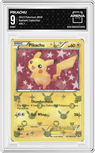 Pikachu from the 2013 Pokemon B&W set graded by Arena Club and given an overall grade of 9.