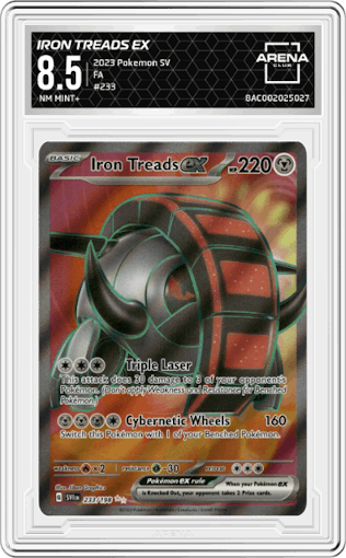 Iron Treads ex from the 2023 Pokemon SV set graded by Arena Club and given an overall grade of 8.5.