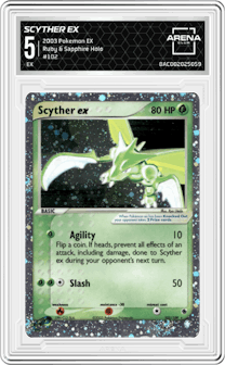 Scyther ex from the 2003 Pokemon EX set graded by Arena Club and given an overall grade of 5.