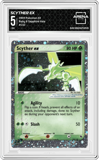 Scyther ex from the 2003 Pokemon EX set graded by Arena Club and given an overall grade of 5.