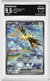 Zapdos EX from the 2023 Pokemon SV set graded by Arena Club and given an overall grade of 9.5.