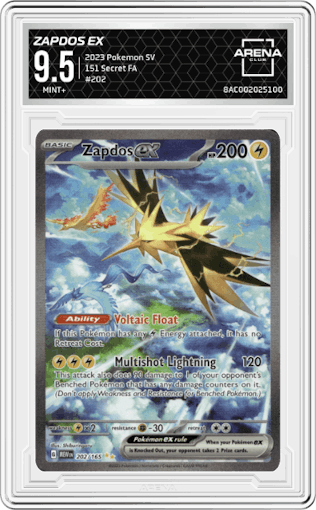 Zapdos EX from the 2023 Pokemon SV set graded by Arena Club and given an overall grade of 9.5.