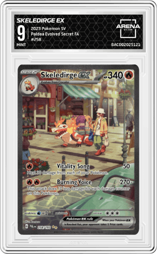 Skeledirge ex from the 2023 Pokemon SV set graded by Arena Club and given an overall grade of 9.