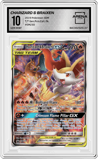Charizard & Braixen from the 2019 Pokemon S&M  set featuring a Tag Team Generations Premium Collection parallel graded by Arena Club and given an overall grade of 10.