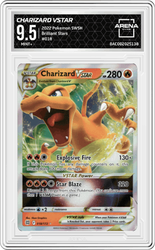 Charizard VSTAR from the 2022 Pokemon SWSH set graded by Arena Club and given an overall grade of 9.5.