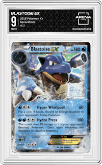 Blastoise EX from the 2016 Pokemon XY set graded by Arena Club and given an overall grade of 9.