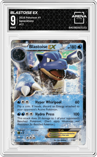Blastoise EX from the 2016 Pokemon XY set graded by Arena Club and given an overall grade of 9.