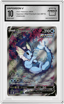 Vaporeon V from the 2021 Pokemon SWSH set featuring a Vaporeon VMAX Premium Collection parallel graded by Arena Club and given an overall grade of 10.