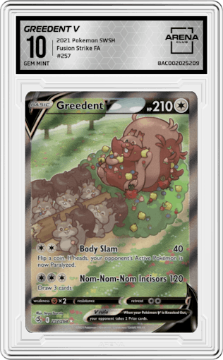 Greedent V from the 2021 Pokemon SWSH set graded by Arena Club and given an overall grade of 10.